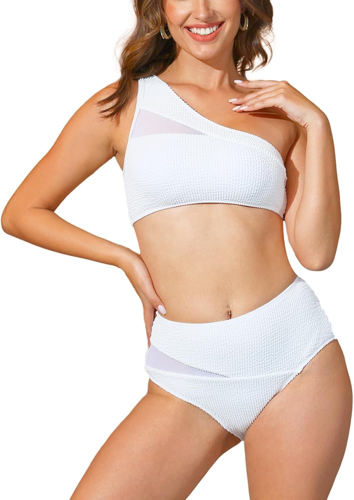 Women Bikini Sets Swimsuit One Shoulder Top with Mid Waist Bottom Two Piece Ribbed Bathing Suit