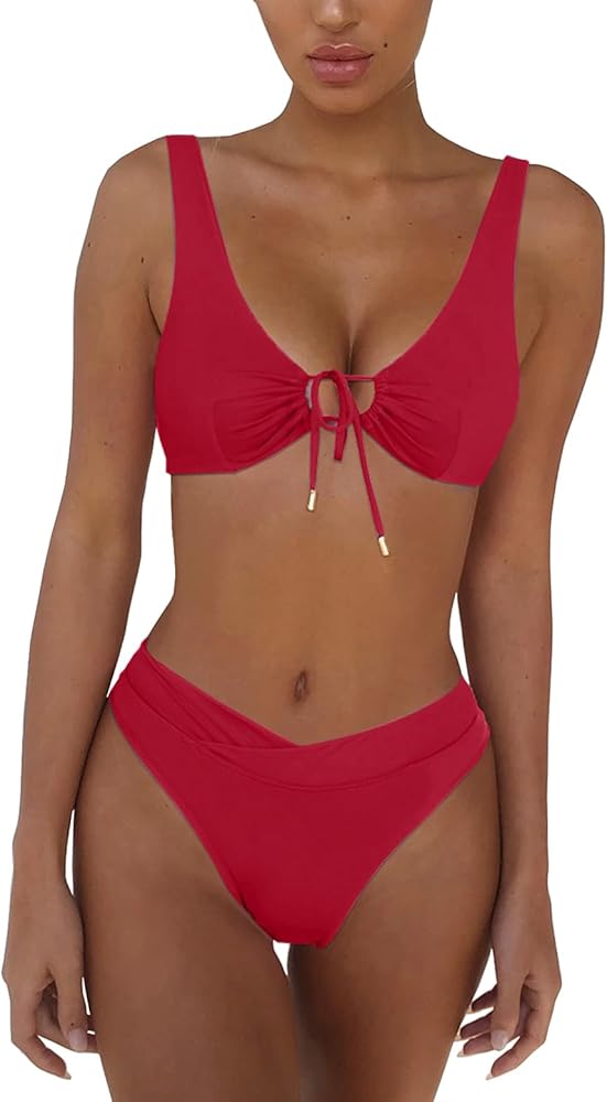 Womens Sexy Bikini Sets Tie Front Push Up 2 Piece Swimsuit Deep V Neck Swimwear High Cut Bathing Suit