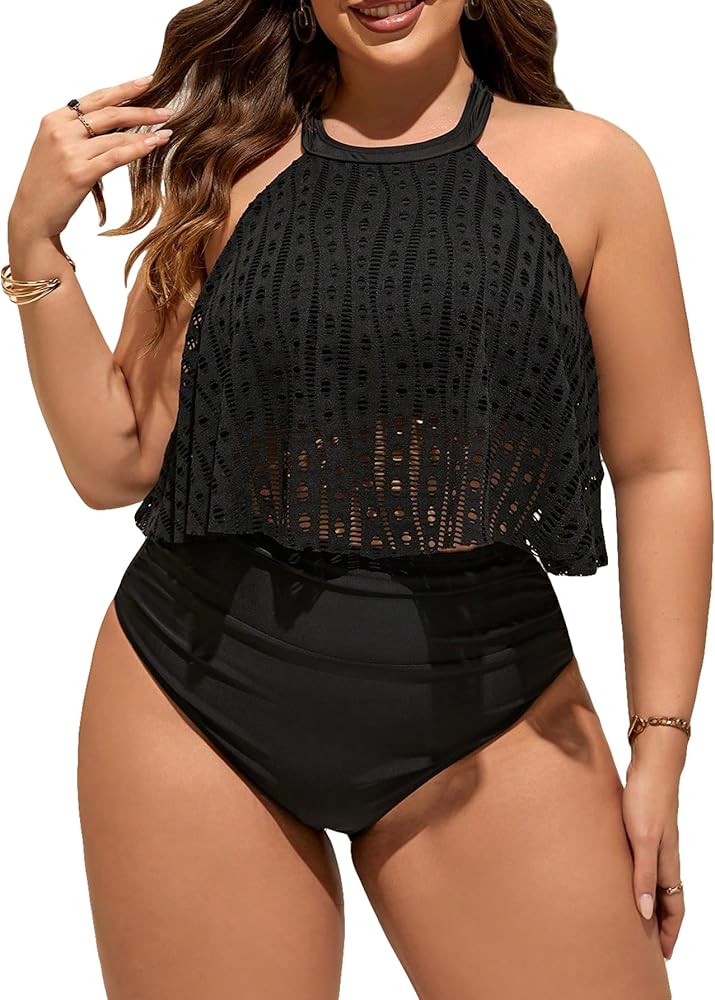 SOLY HUX Women's Plus Size Tankini Swimsuits Halter Hollow Out High Waisted Bikini Two Piece Bathing Suits