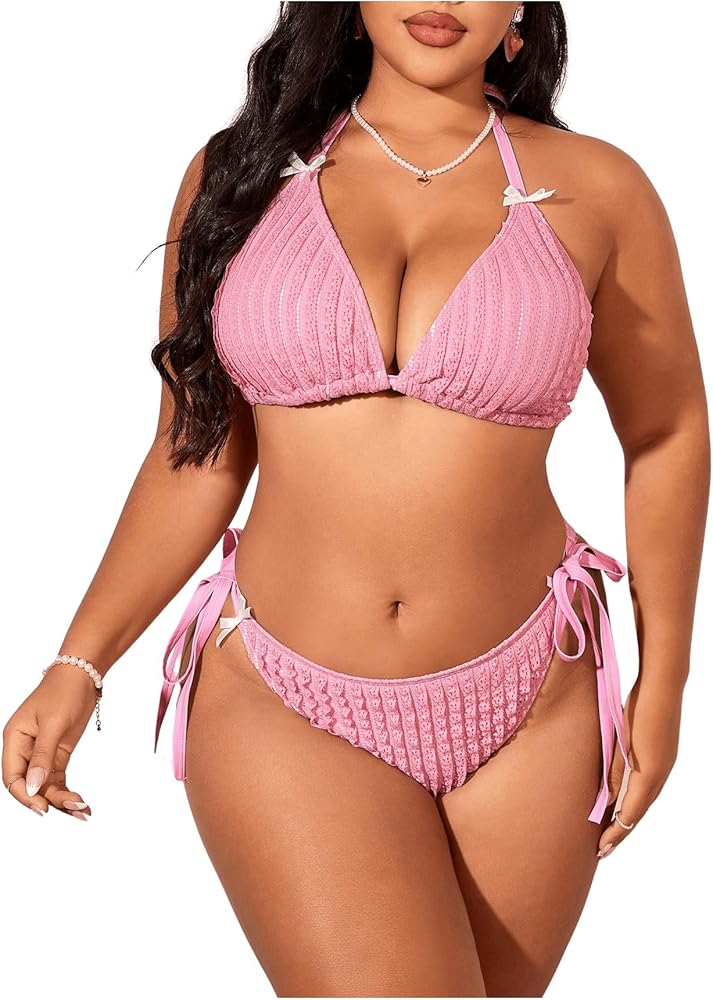 Women's Plus Size 2 Piece Triangle Bikini Set Textured Bow Knot Halter Swimwear Tie Side Bathing Suit