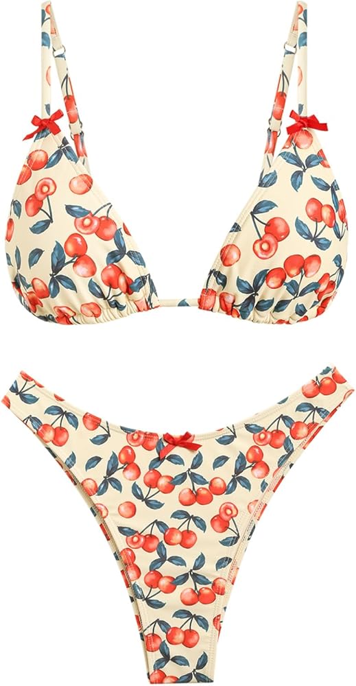 Women‘s Bikini Sets Two Piece Swimsuit Fruit Cherry Print Triangle Cheeky Bikini Set