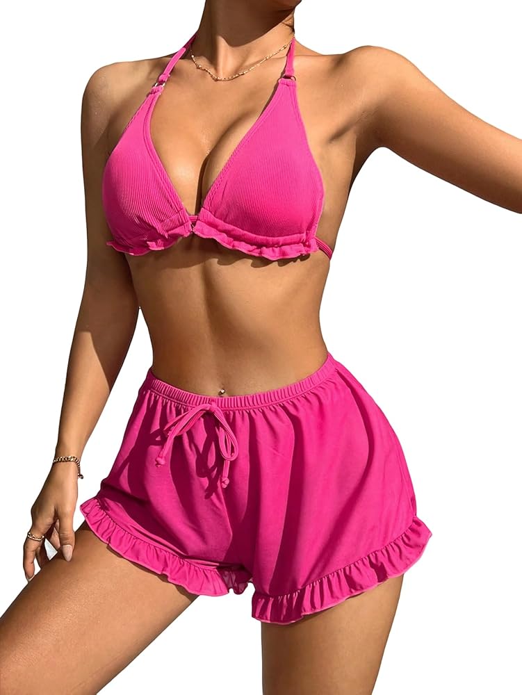 SOLY HUX Bikini Sets for Women Halter Triangle Ruffle Hem Tops and Shorts Bathing Suits Two Piece Swimsuit Solid HotPink Large