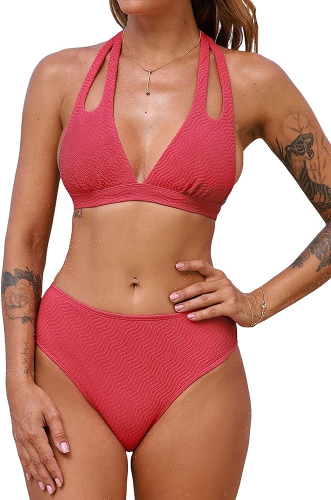 CUPSHE Women's Bikini Sets Two Piece Bathing Suit Plunging V Neck Halter Cutout Straps Mid Rise High Cut Leg Back Hook