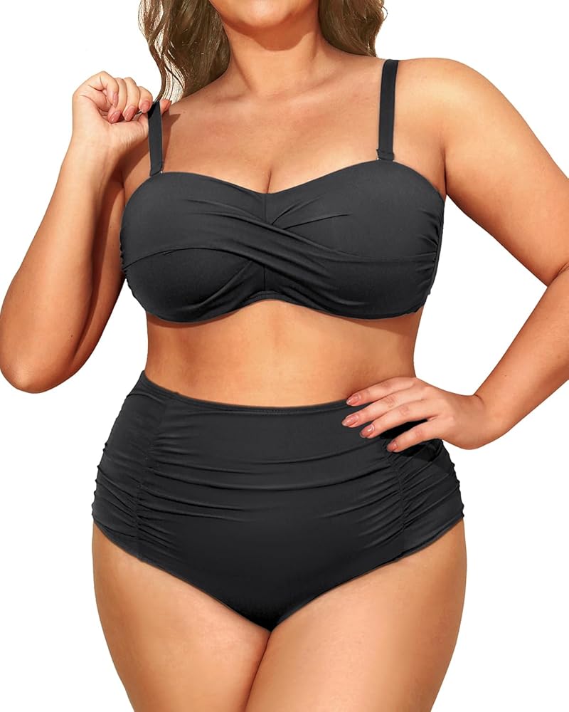 Yonique Women Plus Size High Waisted Bikini Sets Two Piece Strapless Swimsuits Tummy Control Bathing Suit Bandeau Swimwear