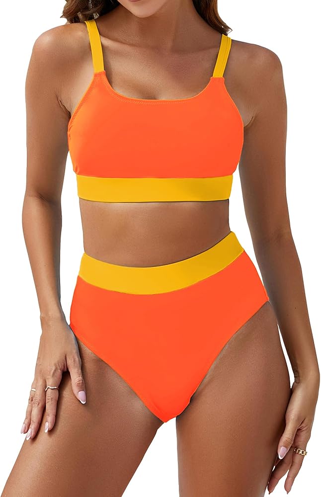 Bluetime Women Bikini Sets 2 Piece High Waisted Color Block Sporty Bathing Suit Cheeky High Cut Bikini Swimsuits