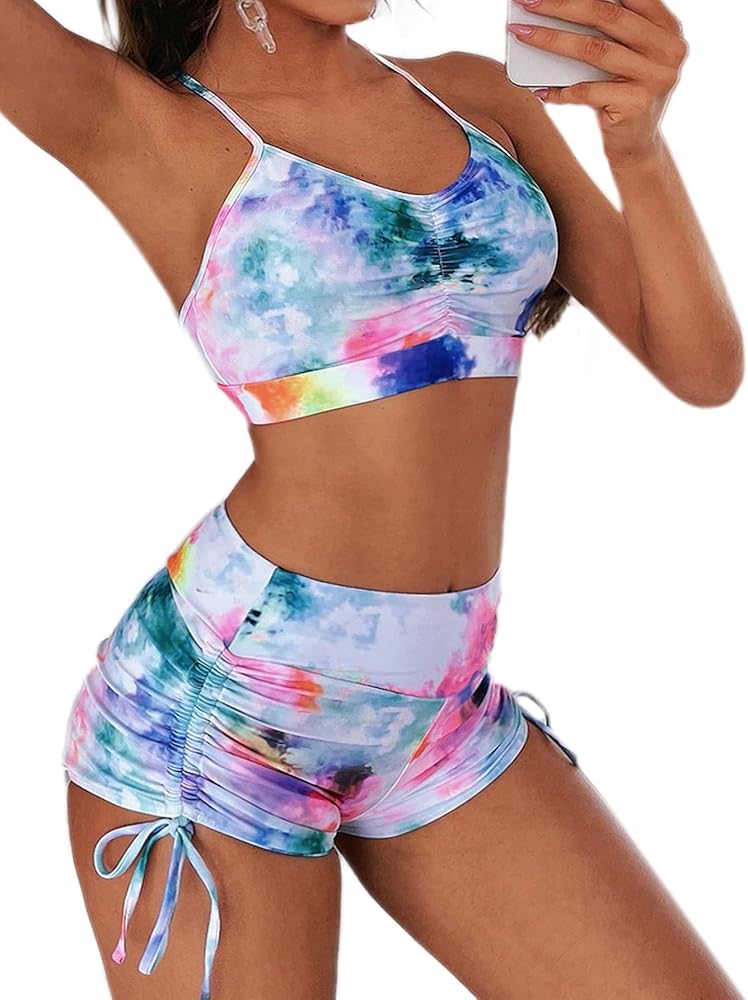 Floerns Women's Tie Dye Ruched Bikini Sets 2 Piece Bathing Suit High Waist Swimsuit with Shorts