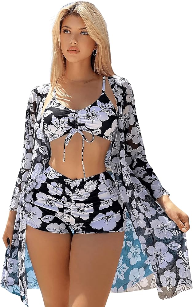 Floerns Women's 3 Piece Swimwear Floral Print Shorts Bikini Set with Kimono Cover Up