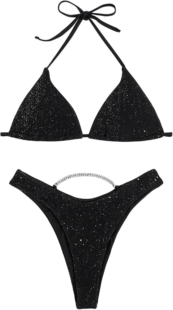 GORGLITTER Women's Glitter Swimsuit Triangle Tops High Cut Chain Thong Bikini Set Bathing Suit