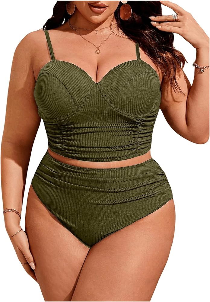 SOLY HUX Women's Plus Size Swimsuit Underwire Ruched High Waisted Bikini Sets Two Piece Bathing Suits