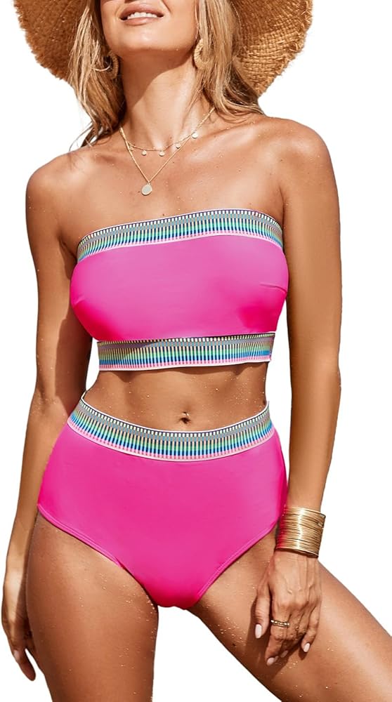 Herseas Rose Two Piece Bikini Sets for Women 2024 Summer High Waisted Swimsuits Cute Bandeau Strapless Bathing Suits Medium 8 10