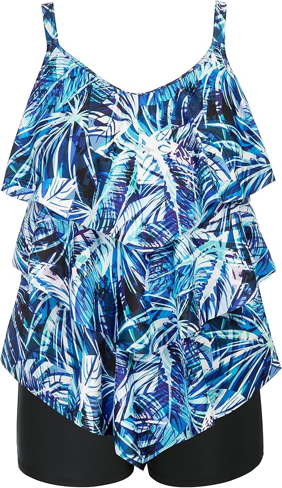 Hanna Nikole Womens Plus Size Two Piece Tankini Swimsuits 3-Tiered Ruffle Flounce Top with High Waisted Bottom