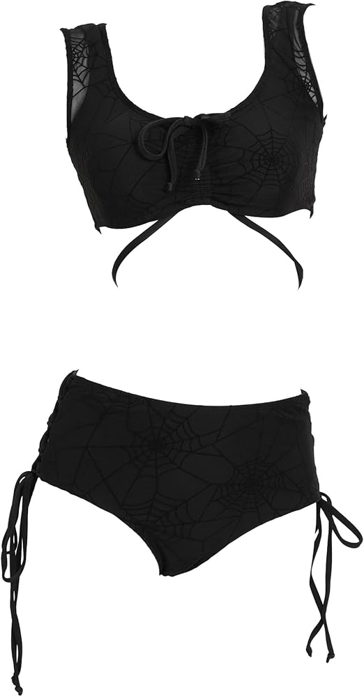 MEOWCOS Women's Bikini Sets Gothic Flocked Spider Web Two Piece Swimsuit Bathing Suit Black