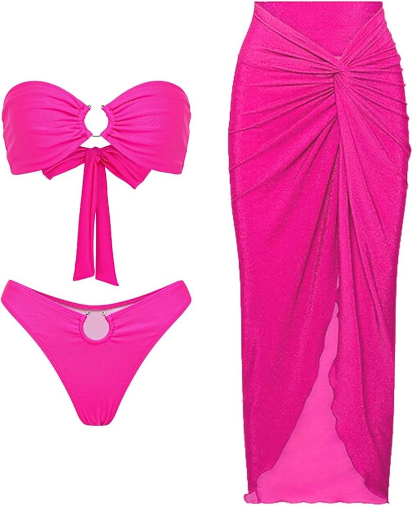 FLAXMAKER Women Bikini Set High Waisted Back Tie Pink Two Piece Swimsuit Bathing Suit with Sarong