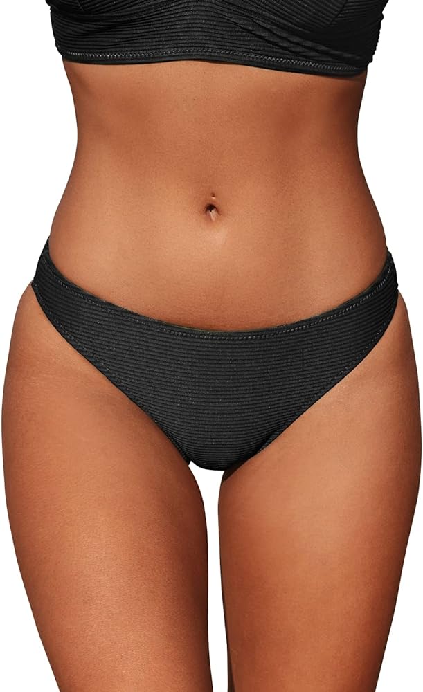 CUPSHE Bikini Bottom for Women Swimsuit Ribbed Low Waisted Mid Cut Cheeky Bathing Suit