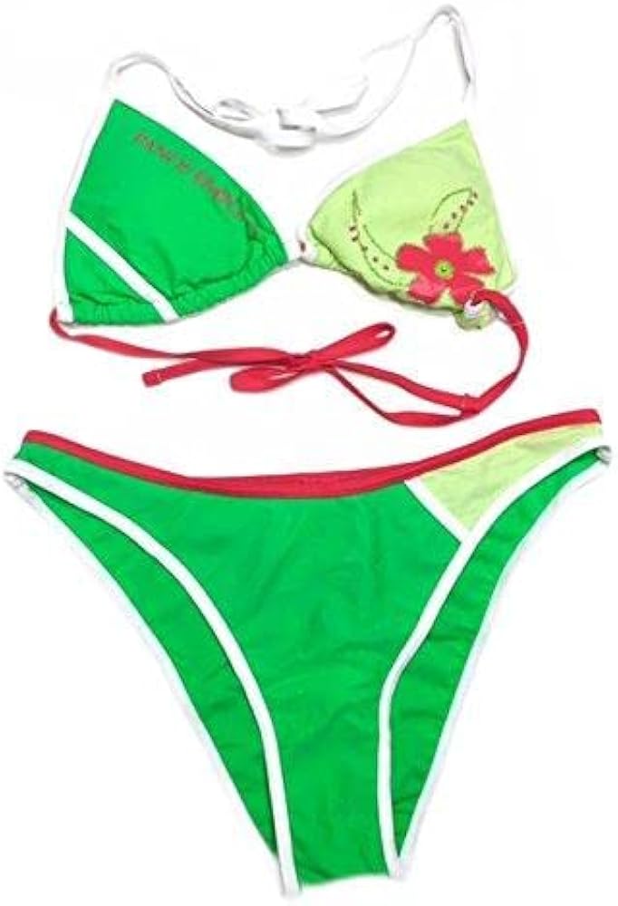 Padded Triangular Striped Bikini Set for Women Beachwear Swimsuit with Tie Side Bottoms - Size 6 Green