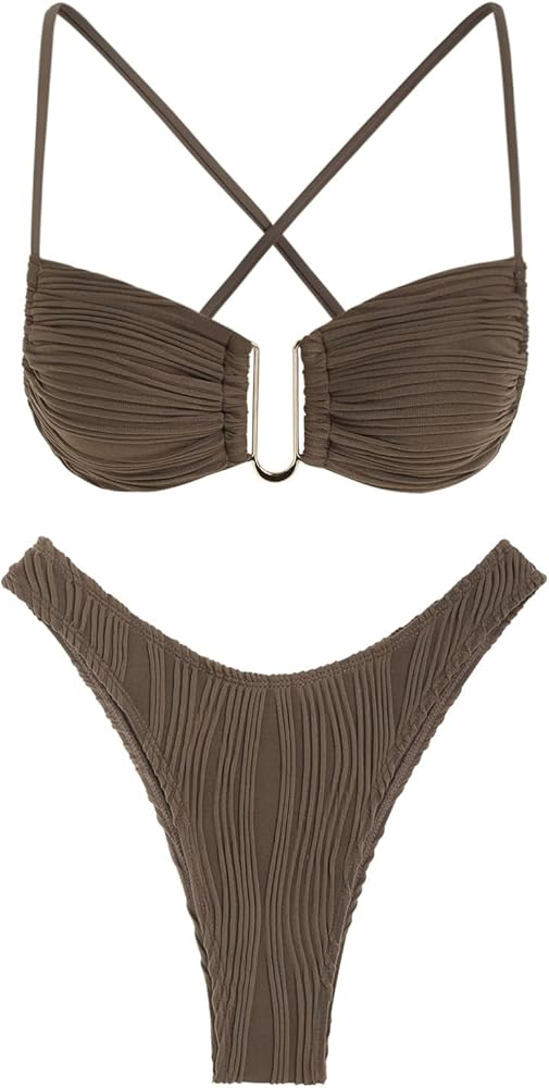 ZAFUL Women Bikini Sets Ribbed Texture U Metal Criss Cross High Cut Swimsuit Back Tie Bathing Suit with Cheeky Thong Bottoms