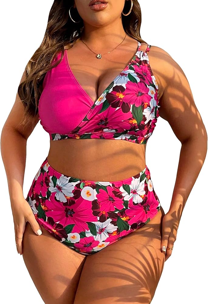 Floerns Women's Plus Size Bathing Suit Floral Print Asymmetrical Neck Bikini Set