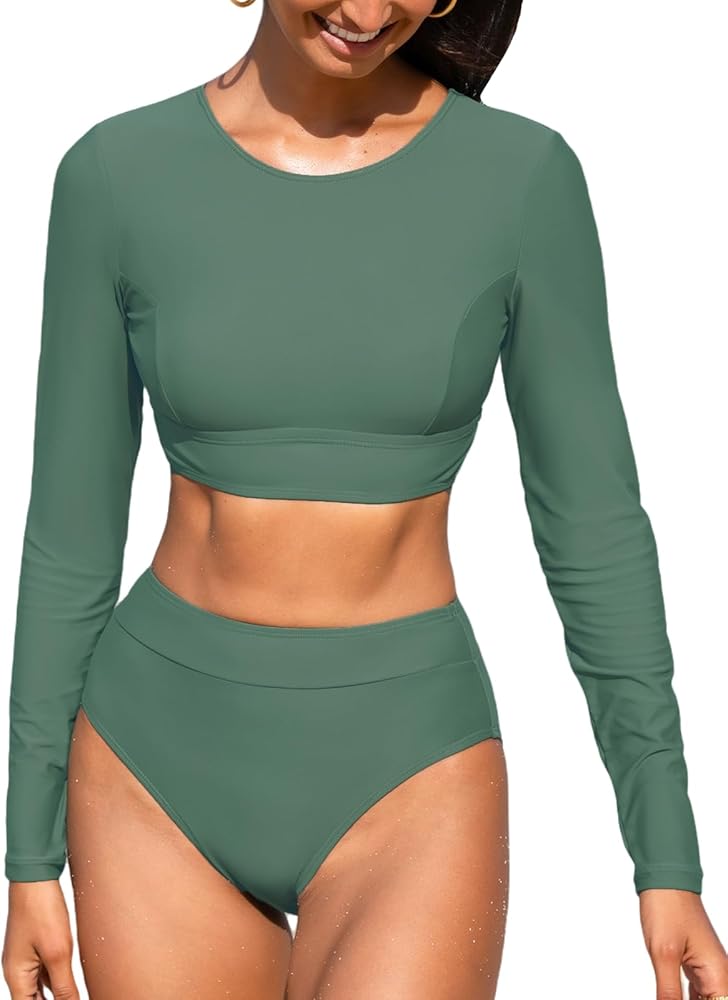 CUPSHE Women's Bikini Sets Two Piece Bathing Suit High Waisted Round Neck Long Sleeve Rash Guard Back Hollow