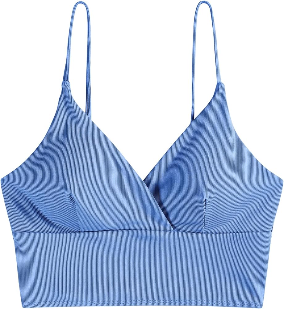 ZAFUL Women's Padded V Neck Ribbed Surplice Solid Tankini Bikini Top Swimwear Bathing Tops Only(6-Blue Tops Only, XXL)