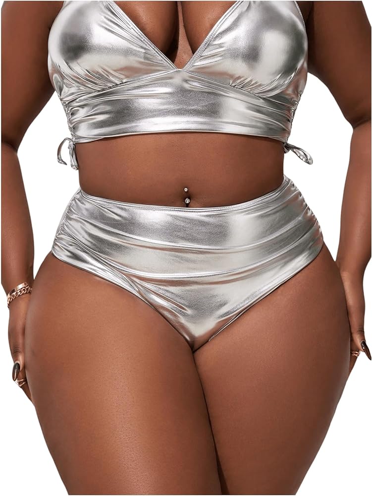 SHENHE Women's Plus Size Metallic Bikini Bottom Ruched High Waisted Rave Swimsuit Bottom