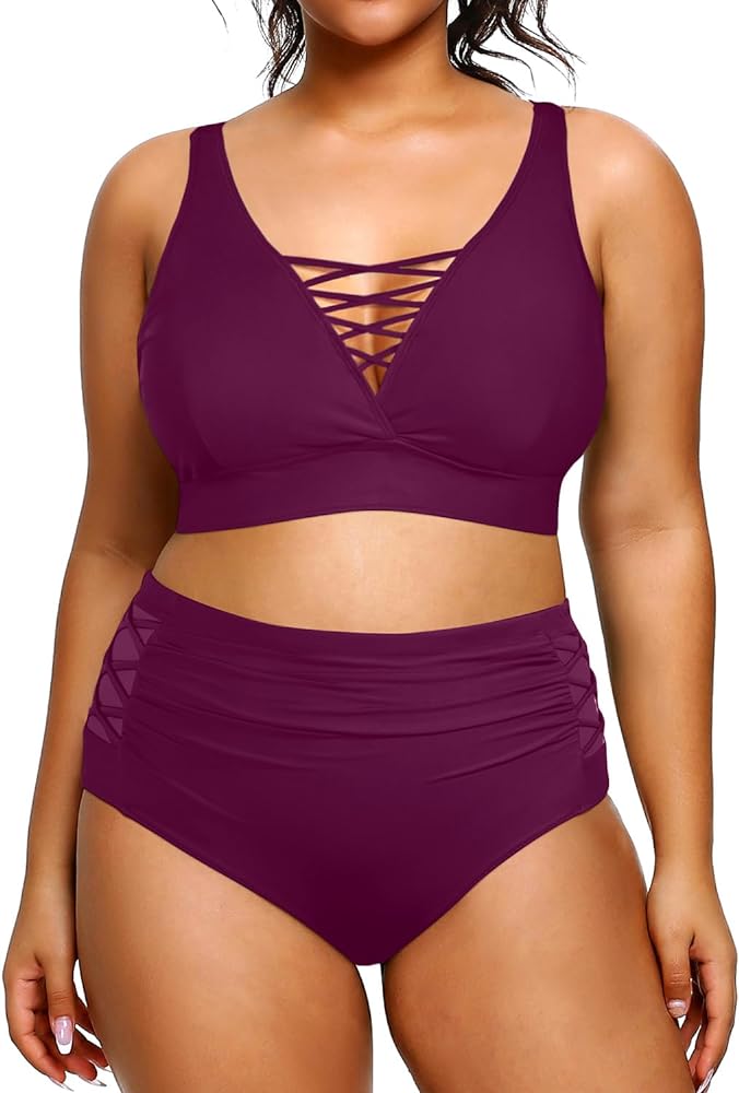 Yonique Two Piece Plus Size Swimsuit for Women High Waisted Bikini Set Tummy Control Bathing Suits