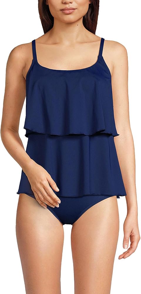 Lands' End Womens Chlorine Resistant Scoop Neck Tiered Tankini Top Deep Sea Navy Regular Medium