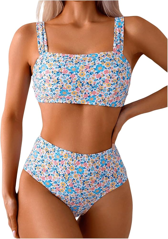 MakeMeChic Women's High Waisted Bikini Sets Ditsy Floral 2 Piece Swimsuit Bathing Suit