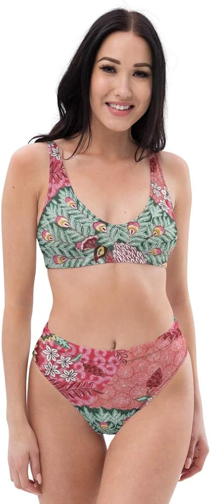 Recycled High Waisted Bikini Set for Women Flush Pink Peacock Floral