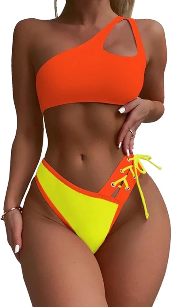 YELAIVP Women's Bikini Sets One Shoulder High Waisted Two Piece Swimsuit Lace Up High Cut Bathing Suit