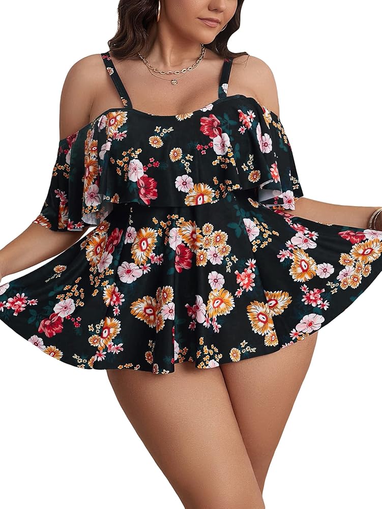 MakeMeChic Women's Plus Size Floral Tankini Swimsuit Off Shoulder Ruffle Trim Swim Top with Bikini Bottom Set