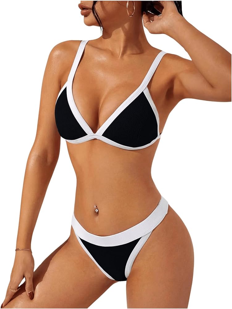 Verdusa Women's Contrast Binding Triangle Thong Bikini Swimsuit 2 Piece Bathing Suits