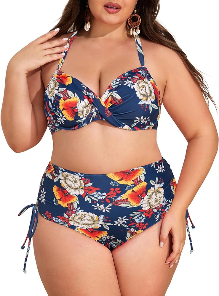 Hanna Nikole Women Plus Size Twist Front Halter V Neck Bikini Sets with High Waist Tummy Control Swimsuit