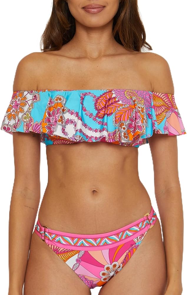 Trina Turk Women's Standard Meilani Ruffle Bikini Top, Off Shoulder, Floral Print, Swimwear Separates