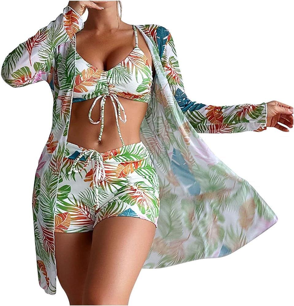 Womens 3 Pieces Bikini Sets Bikini Strap Tops Bathing Suit with Cover Up Boho Boy Shorts Swimwear Casual Swimsuits