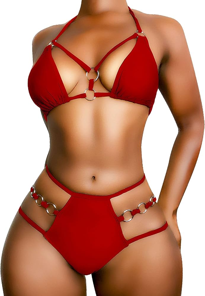 EJsoyo Womens Sexy Thong Bikini Swimsuits String Push up Padded Bathing Suit 2 Piece Cheeky Swimwear with Metal Ring