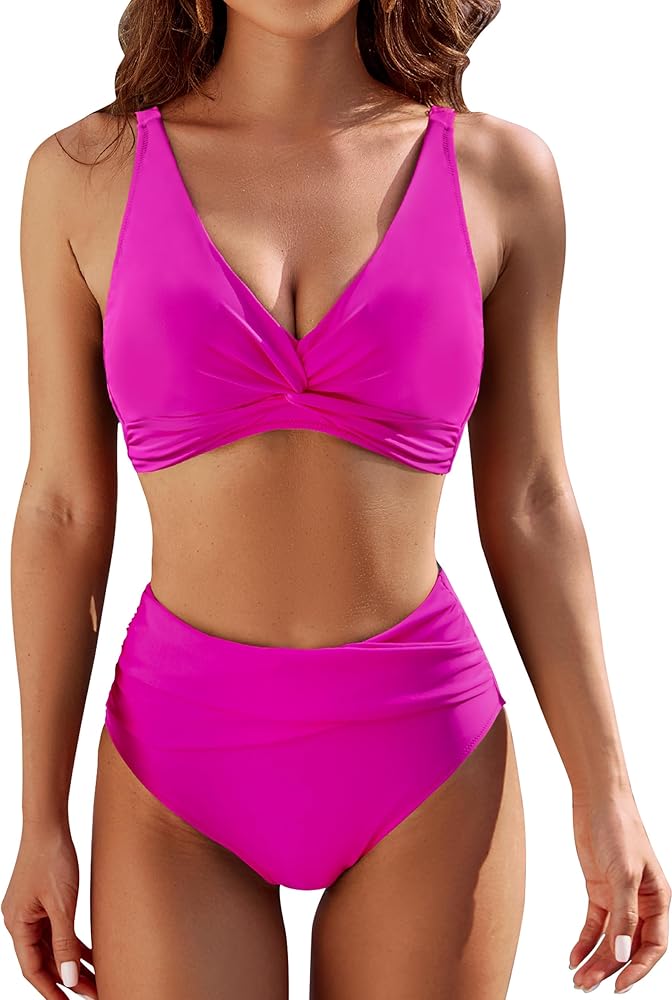 BMJL Womens Tummy Control Swimsuits V Neck Twist Two Piece Bathing Suits Ruched High Waisted Bikinis