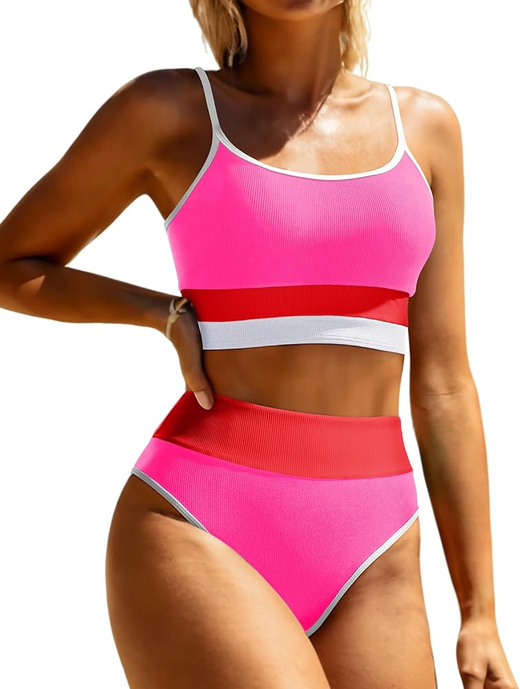 Tempt Me Hot Pink Red Women High Waisted Bikini Sets Ribbed Two Piece Color Block Sporty Scoop Neck Swimsuit for Teens M