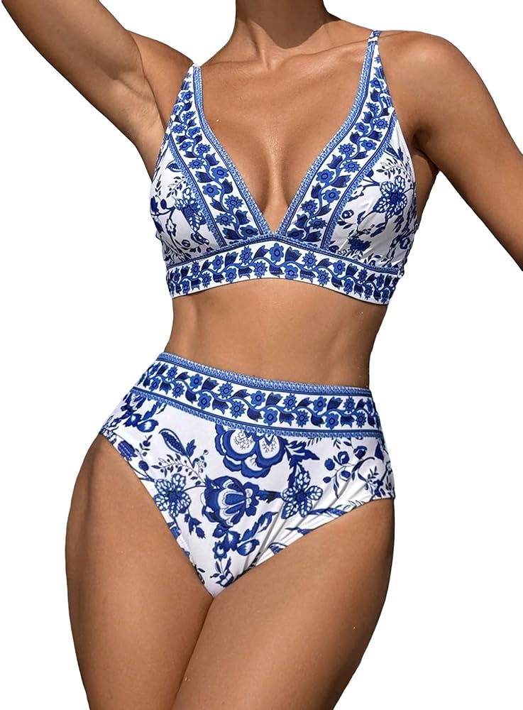 WDIRARA Women's 2 Piece Floral Print Swimwear Set Triangle Bra and Bikini Swimsuit Sets Bathing Suit