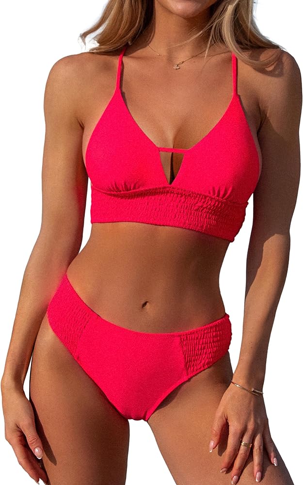 Beachsissi Womens Bikini Set Smocked Deep V Neck Bathing Suit Crisscross Back Self Tie Swimsuits