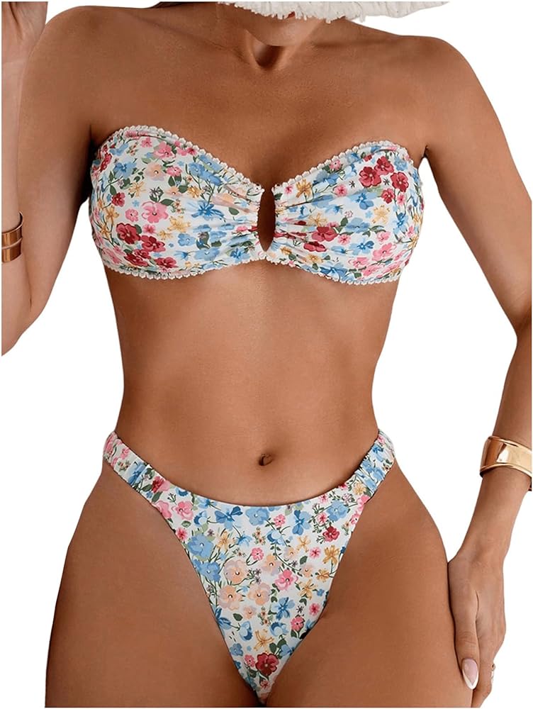 Women's Floral Print Bandeau Bikini Triangle Set High Cut Tube Bikini Set Swimsuit Bathing Suit Beachwear