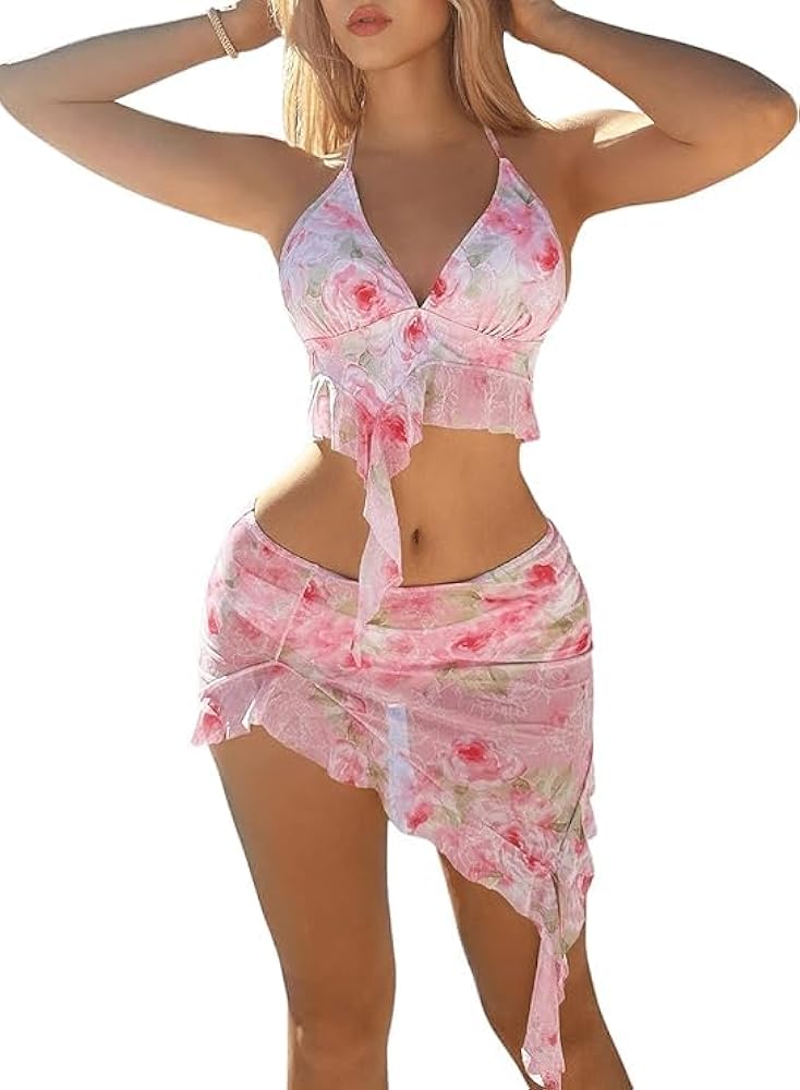 SHENHE Women's Floral High Cut Bikini Sets 3 Pieces Ruffle Halter Swimsuits with Cover Up Skirt