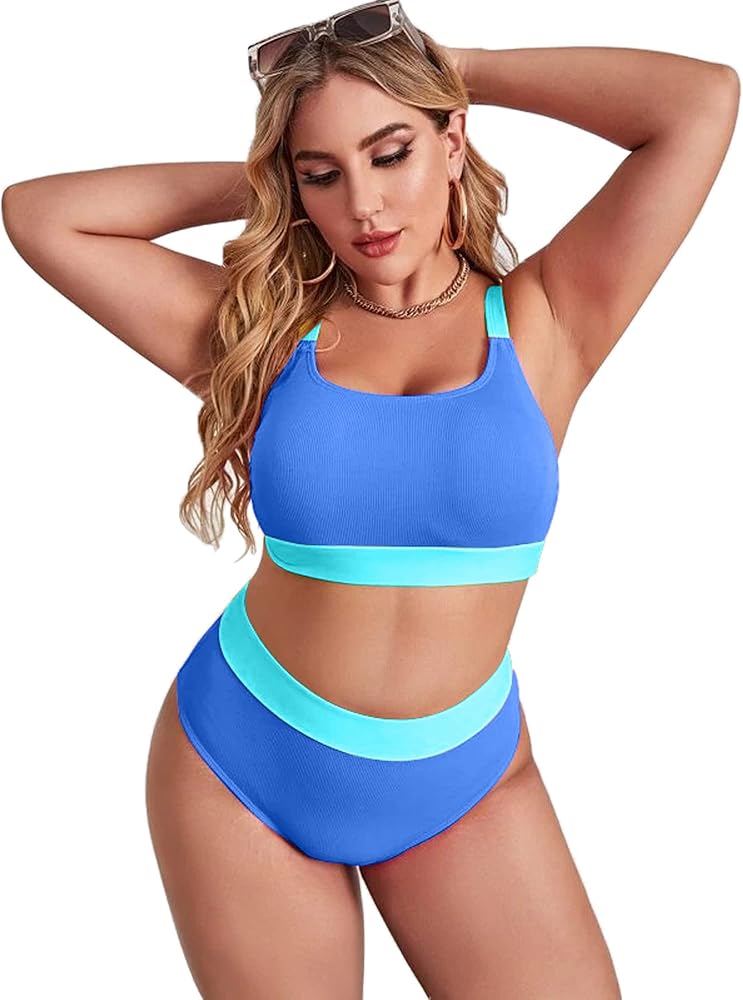 ZINPRETTY Plus Size High Waisted Bikini Set Womens Swimsuit Cheeky Two Piece Sports Color Block Bathing Suit Large Bust