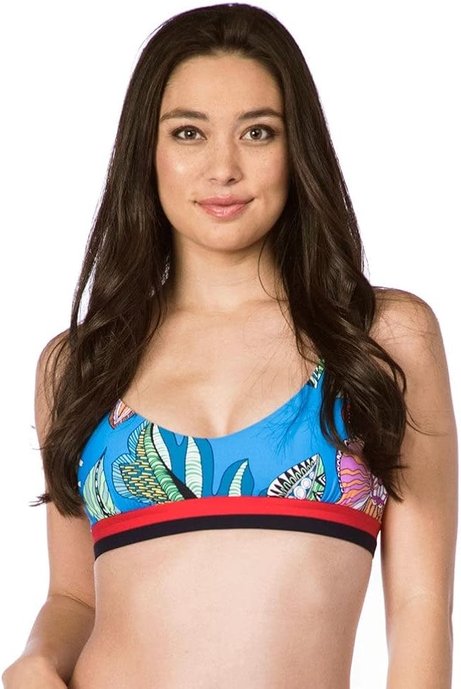 Trina Turk Women's Standard Banded Bralette Bikini Swimsuit Top, Pacific Blue/Tahiti Tropical Leaf Print, 6