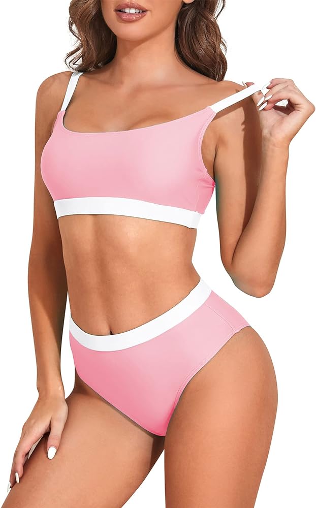 Zando Women High Waisted Bikini Set Cute Bikinis for Teen Girl Sports Color Block Swimsuit 2 Piece High Cut Bathing Suit