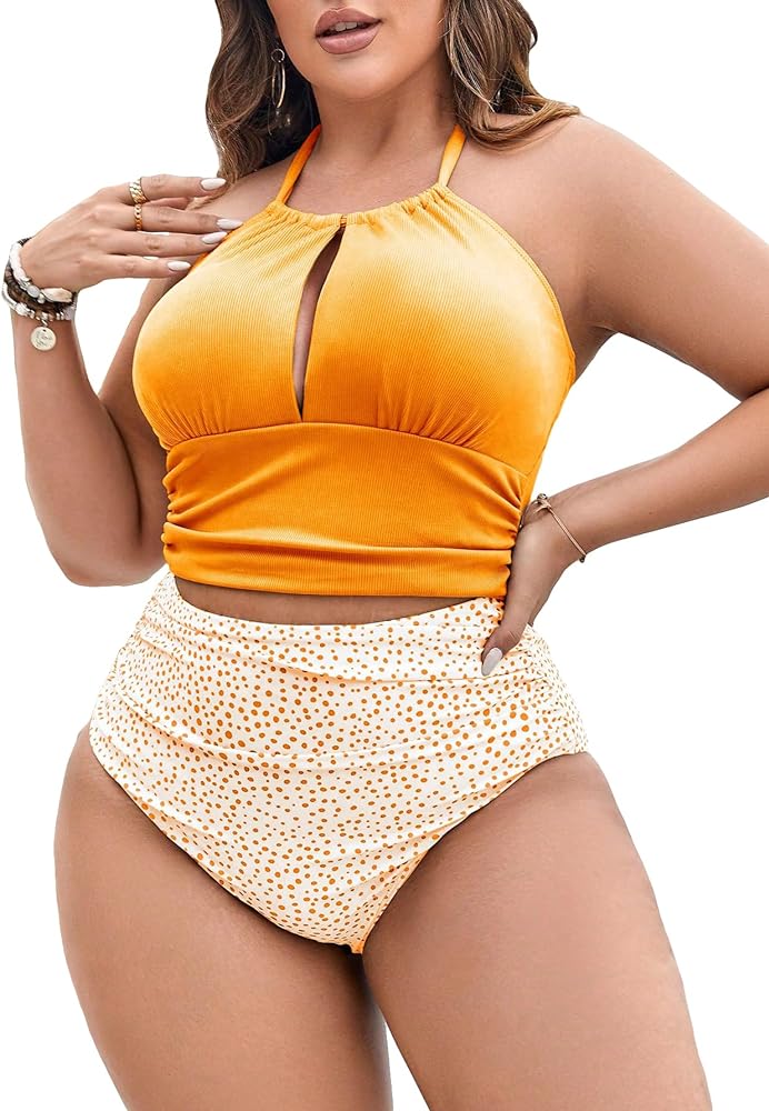 SOLY HUX Women's Plus Size Printed Halter Ruched High Waisted Bikini Set 2 Piece Swimsuit Bathing Suits