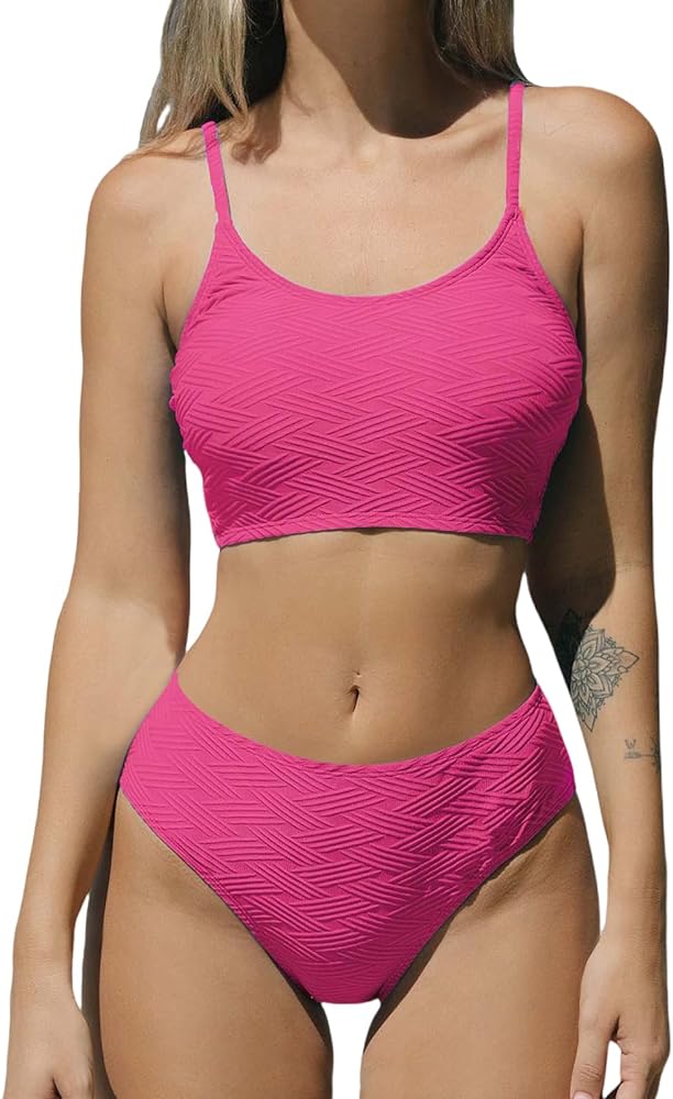 CUPSHE Women's Bikini Sets Two Piece Swimsuit Mid Rise Bottom Scoop Neck Tank Top Textured Swimwear