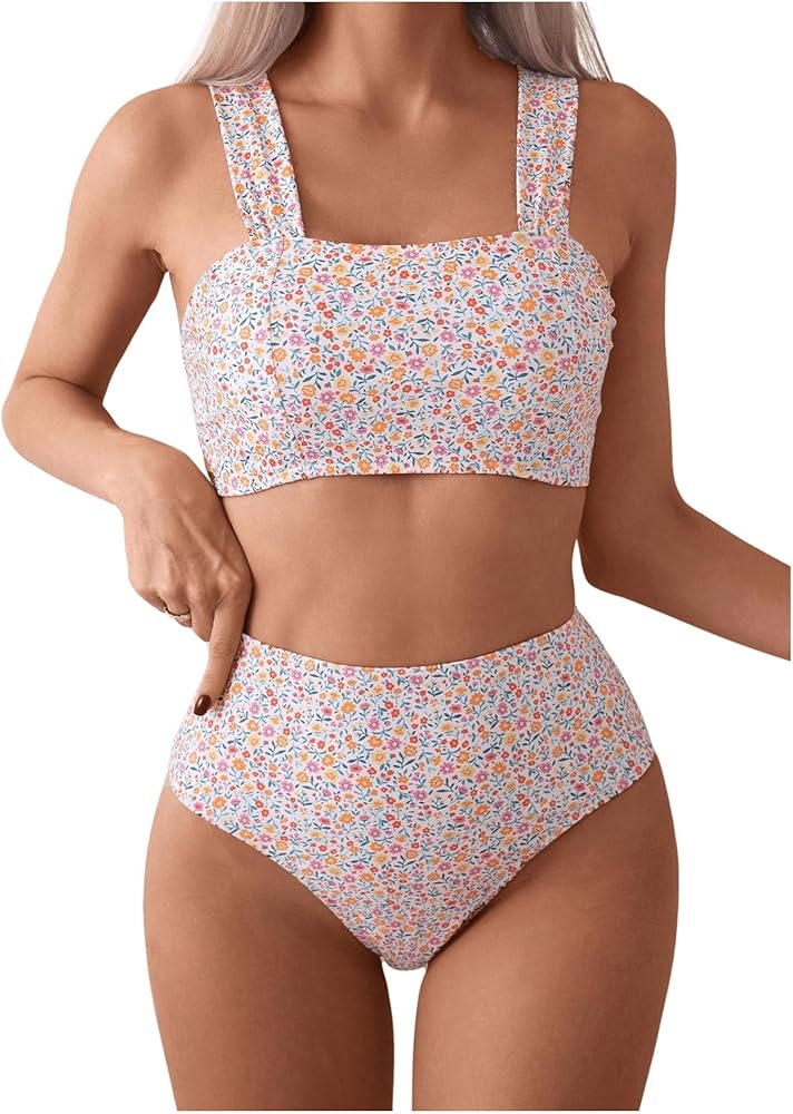 MakeMeChic Women's High Waisted Bikini Sets Ditsy Floral 2 Piece Swimsuit Bathing Suit