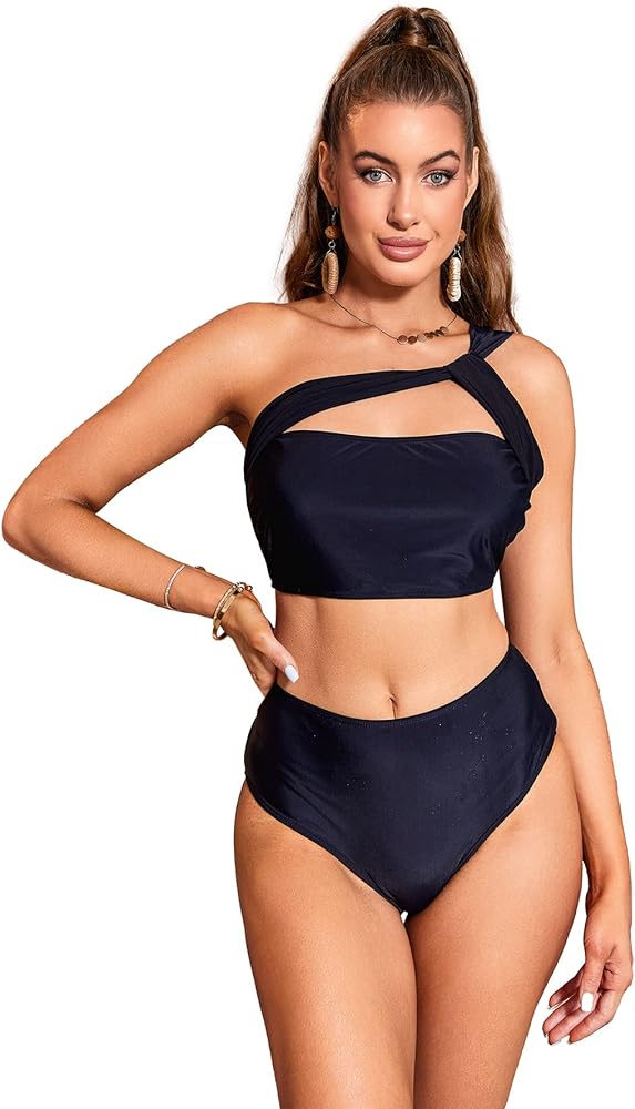 GORGLITTER Women's One Shoulder Swimsuit Cut Out High Waisted Thong Bikini Set Bathing Suits