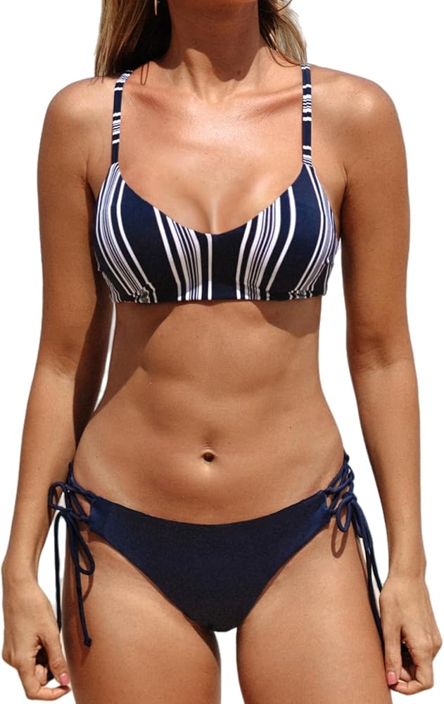 CUPSHE Women Swimsuit Bikini Set Reversible Crisscross Tie Back Striped Bathing Suit with Strappy Side