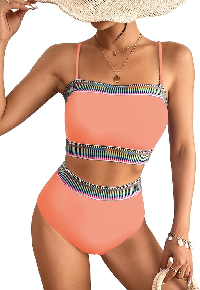 Herseas Women's Bandeau Bikini Sets 2 Pieces Stripe High Cut Strapless Color Block Swimsuit Bathing Suit Peach X-Large 16 18